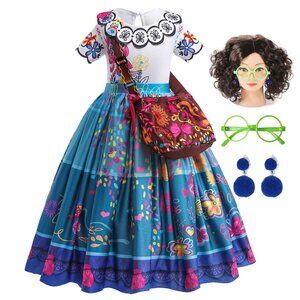 ATIMIGO Mirabel Isabella Dress Halloween Costume for Kids with Wig Glasses and B